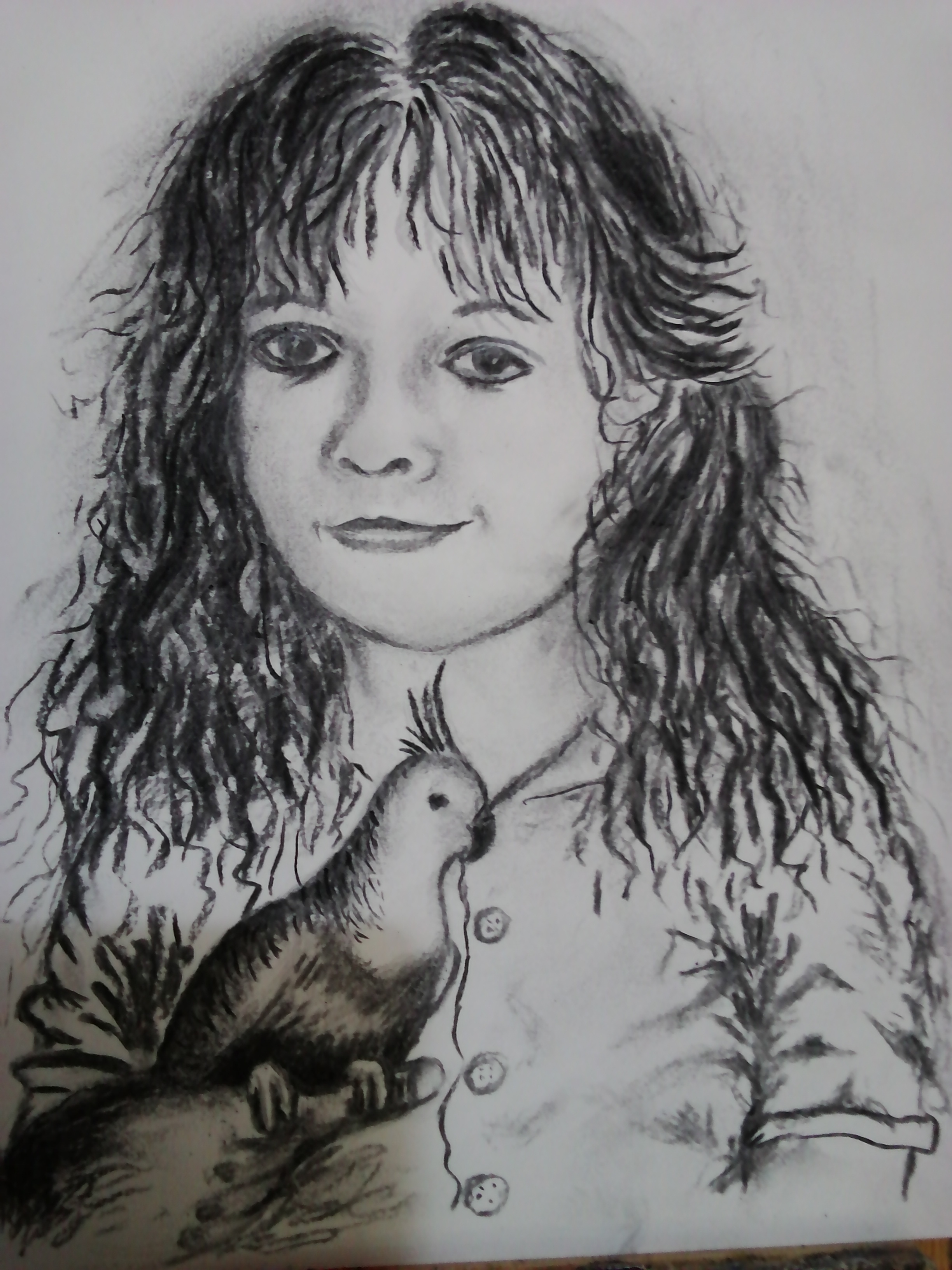 la fille au cockatiel, 2026, fusain